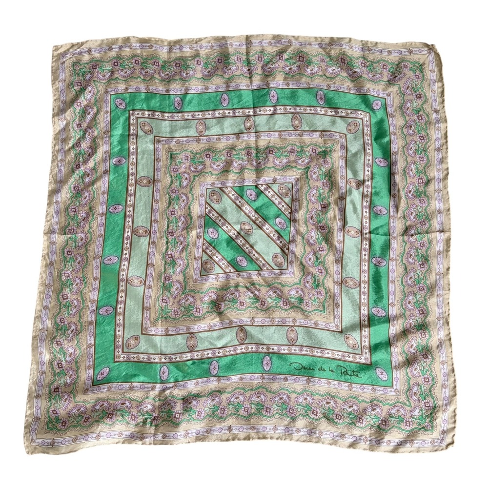 Oscar de la Renta Silk Scarf Green Lavender Paisley Floral Border Quite Luxury